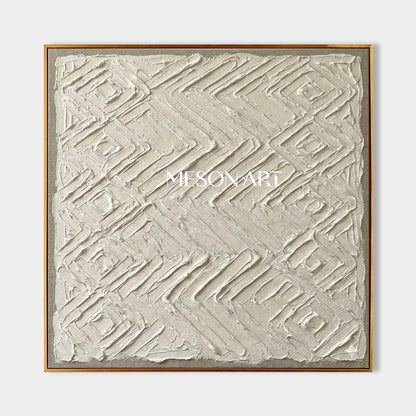 Handmade Textured Canvas Art White Aztec Relief With Gold Frame Neutral Boho Decor For Living Room