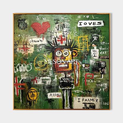 Abstract Graffiti Basquiat Style Green Expressionist Painting Wall Art