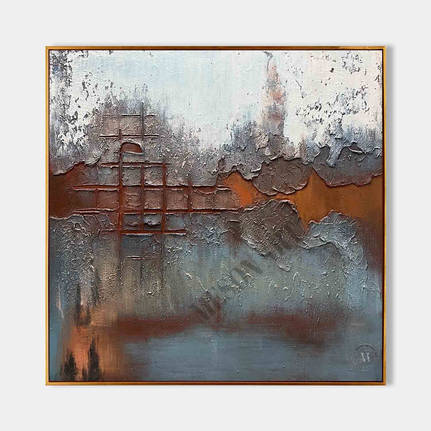 Brown and Blue Abstract Art Canvas for Sale Brown and Blue Minimalist Painting Wabi-Sabi Wall Art