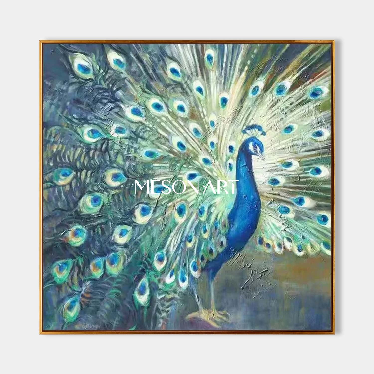 Handmade Modern Luxury Golden Peacock Wall Art Vibrant Canvas Painting