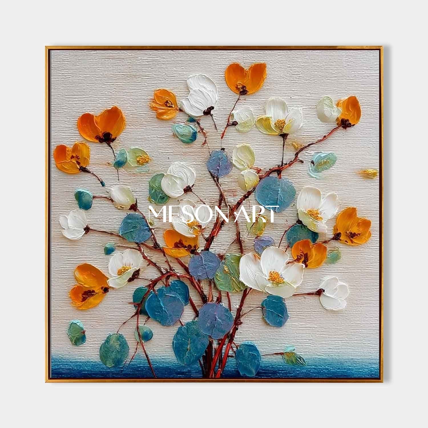 Hand-Painted Abstract Flower Painting on Canvas – Bedroom Wall Decor by Mesonart