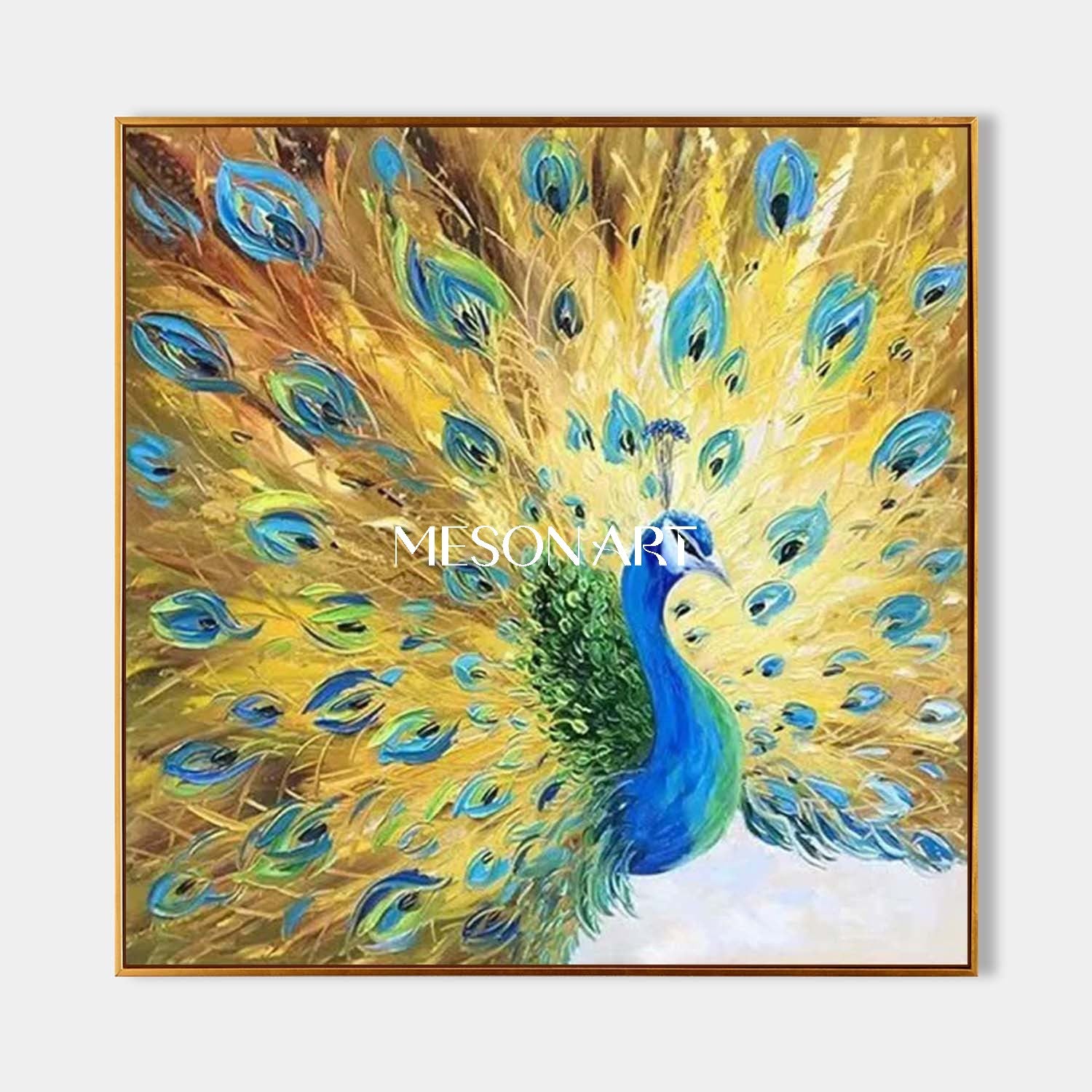 Handmade Modern Luxury Golden Peacock Wall Art Vibrant Canvas Painting
