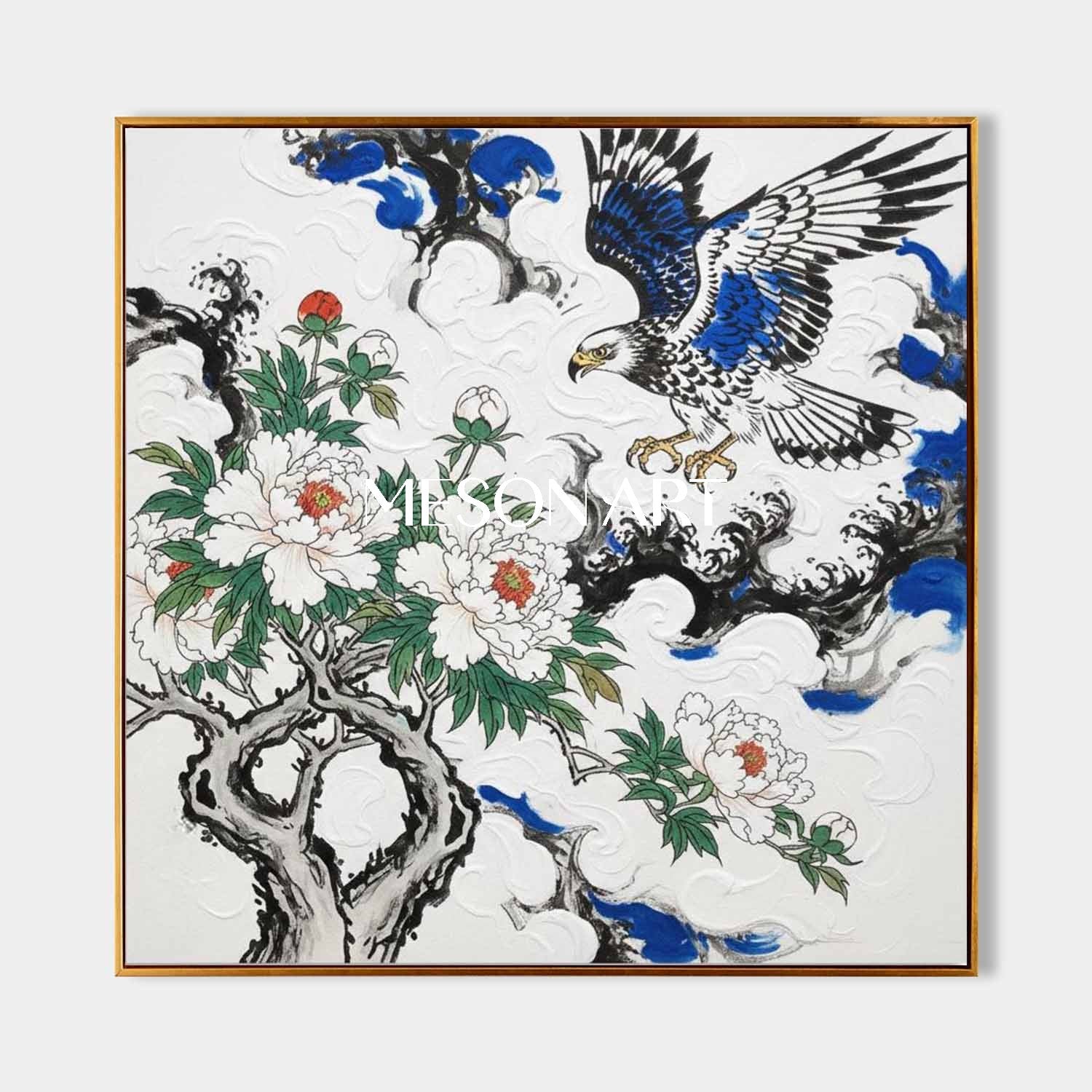 MesonArt 3D Textured Peony & Eagle Wall Art | Gold Framed Chinoiserie Canvas Painting