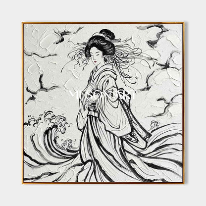 Hand Painted 3D Textured Geisha Canvas Art | Black And White Abstract Asian Wall Decor For Living Room