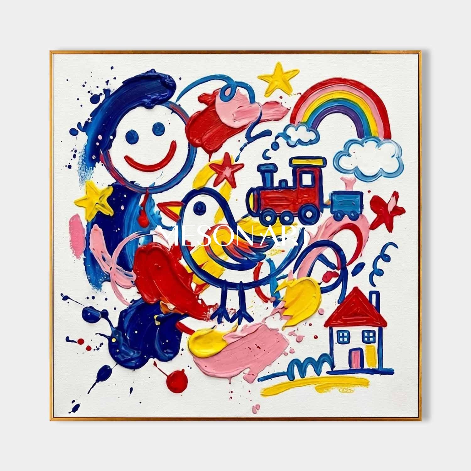 Original Kids Pop Art Wall Decor Colorful Rainbow Canvas Painting Contemporary Happy Artwork