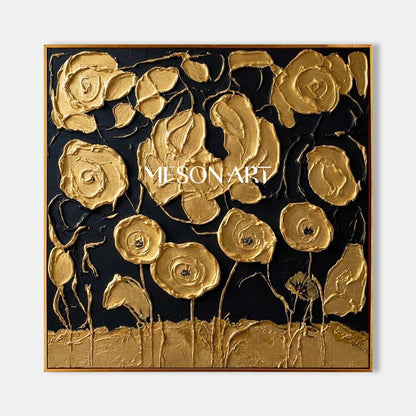 Black And Gold 3D Textured Flower Art | Luxury Canvas Painting