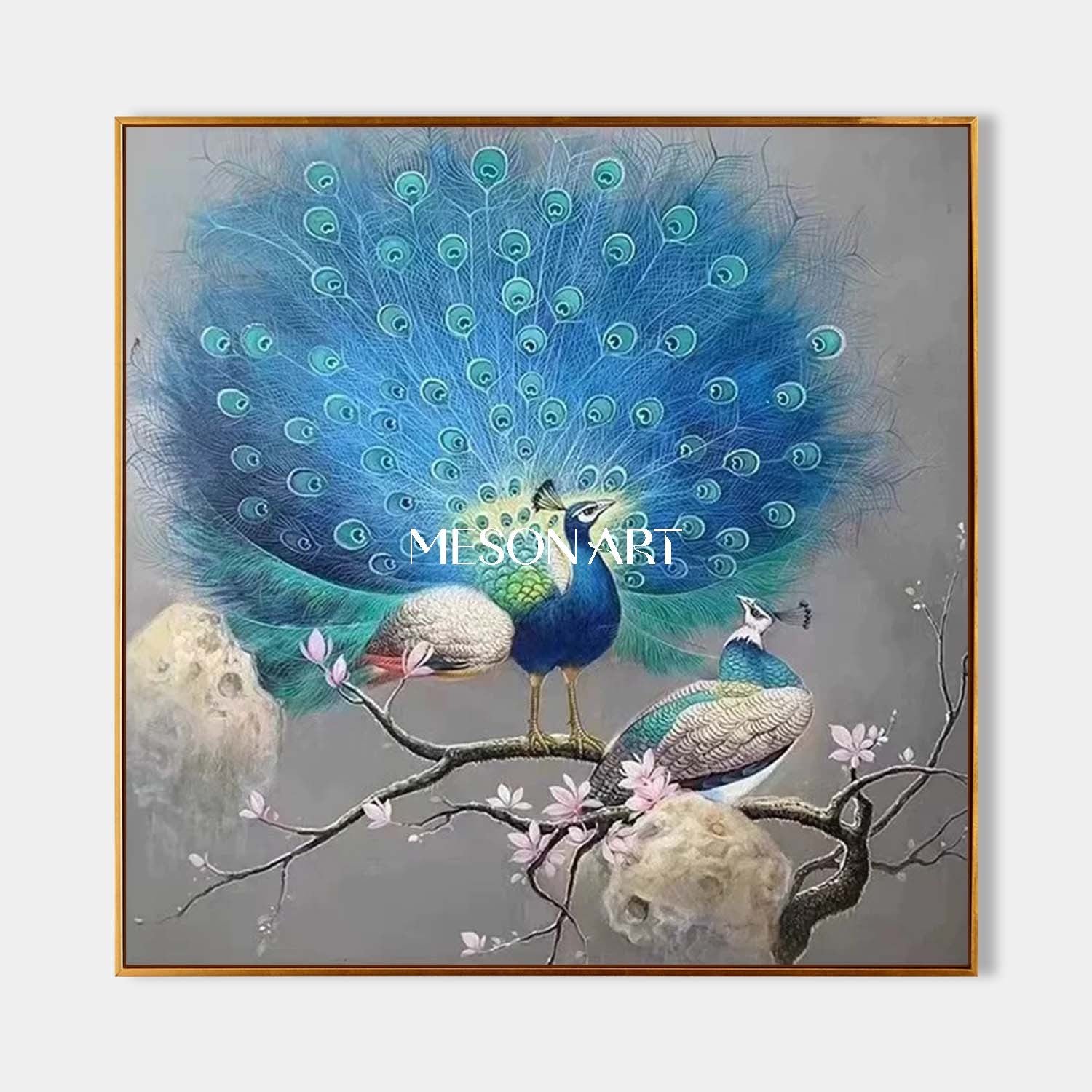 Modern Elegant Blue Peacock Wall Art Peacock Couple Canvas Painting