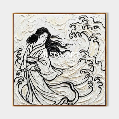 MESON ART | 3D Textured Wave & Lady Square Canvas - Gold Framed