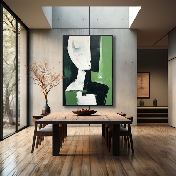 Green And White And Black Abstract Canvas Oil Painting For Sale Contemporary Minimalist Wall Art