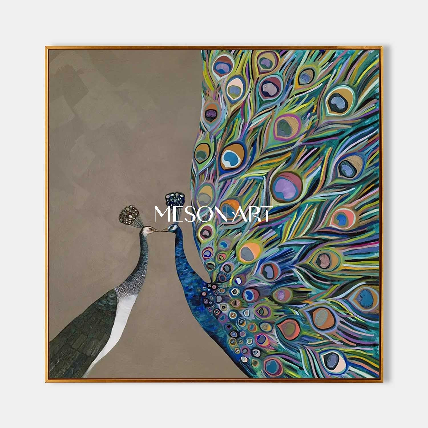 Modern Abstract Peacock Couple Wall Art Brown Canvas Painting Enterway