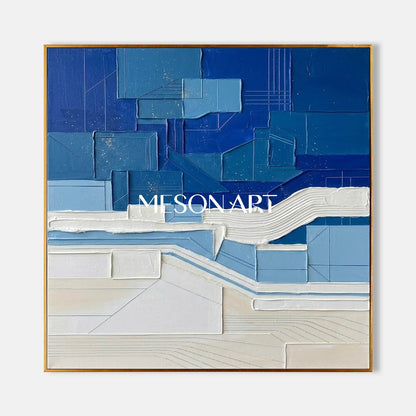 Contemporary Blue Color Block Minimalist Coastal Wall Decor Large Square Canvas Painting