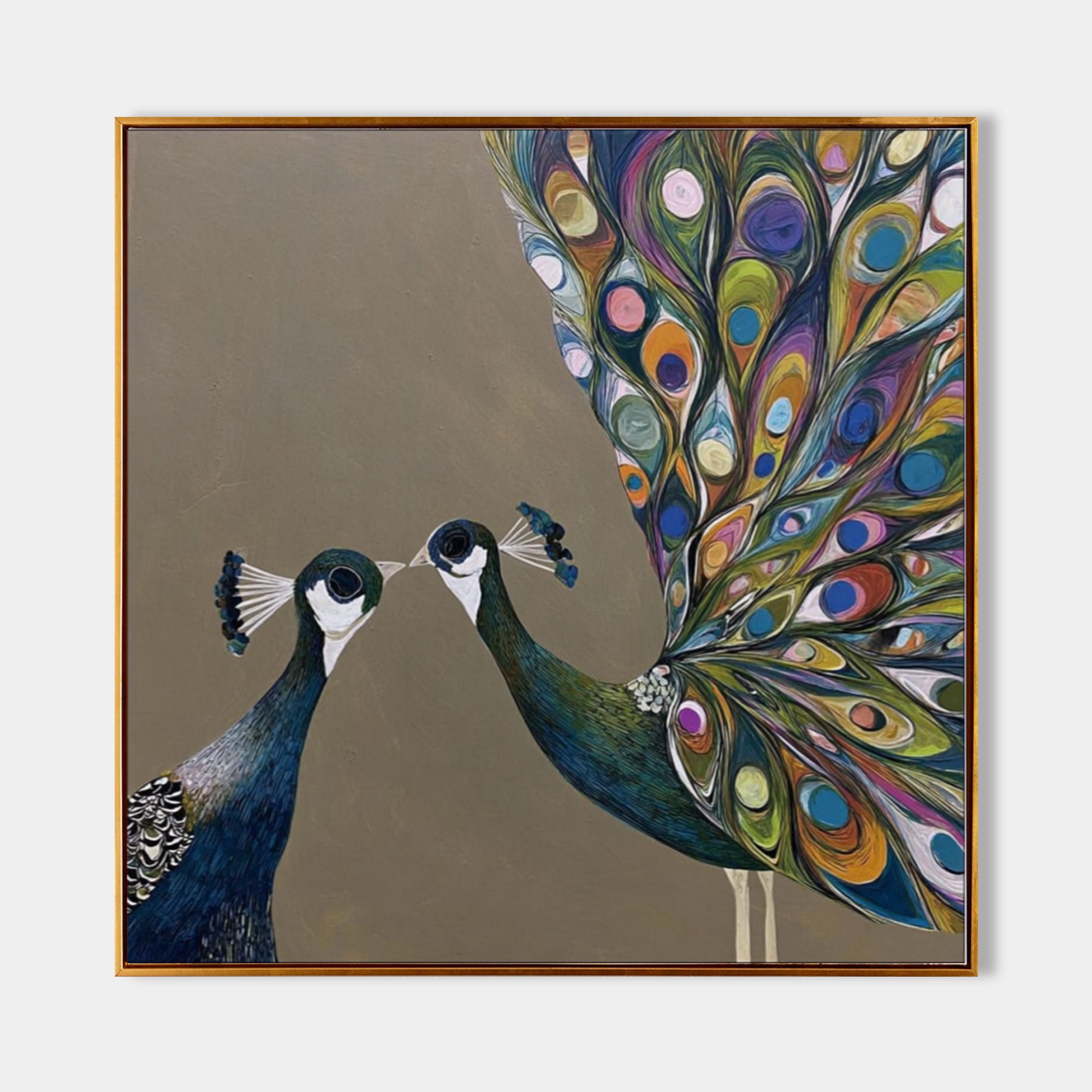 Modern Abstract Peacock Couple Wall Art Brown Canvas Painting Enterway