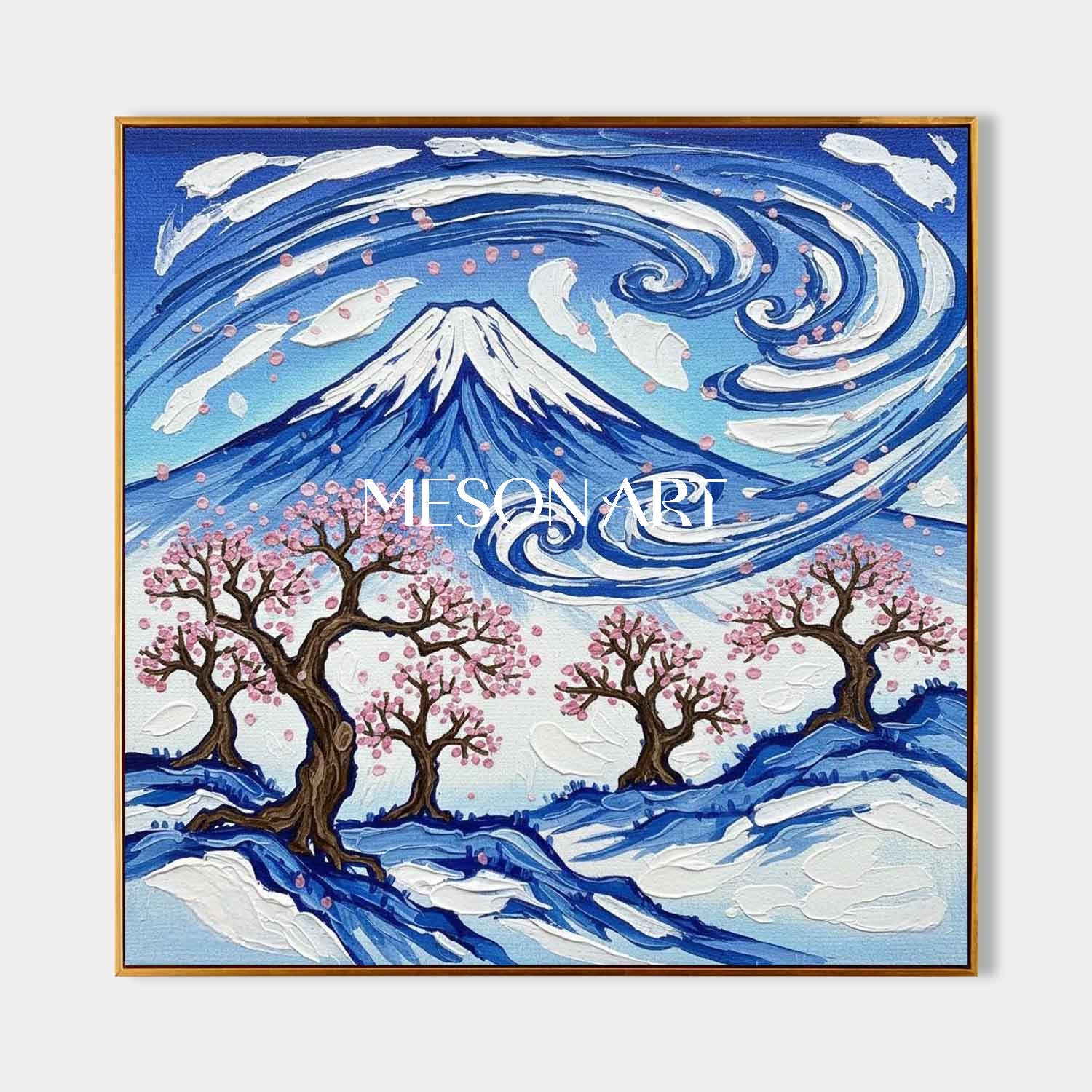 Mount Fuji Cherry Blossom Impasto Oil Painting | 3D Textured Canvas Wall Art | MesonArt