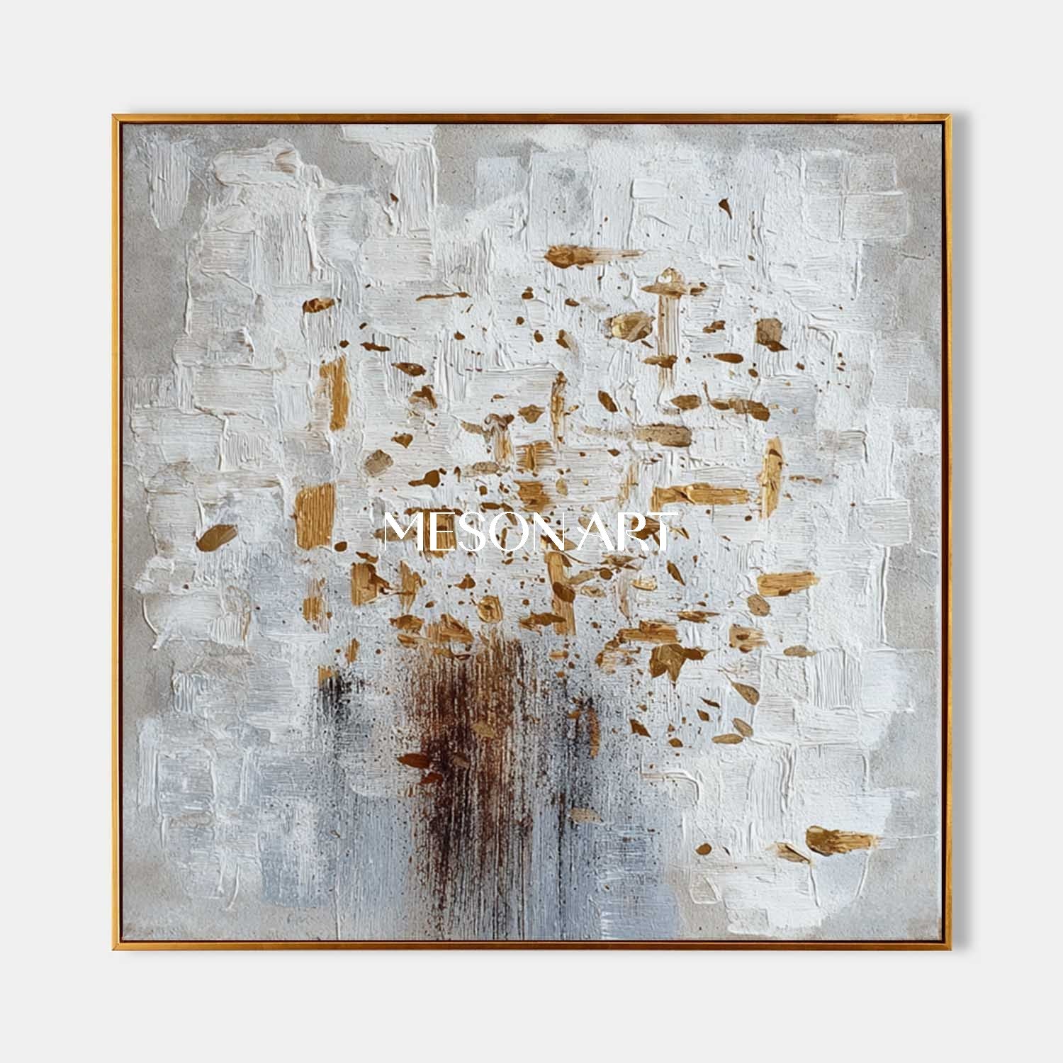 Abstract Canvas Painting White Grey Gold Texture Minimalist Home Decor