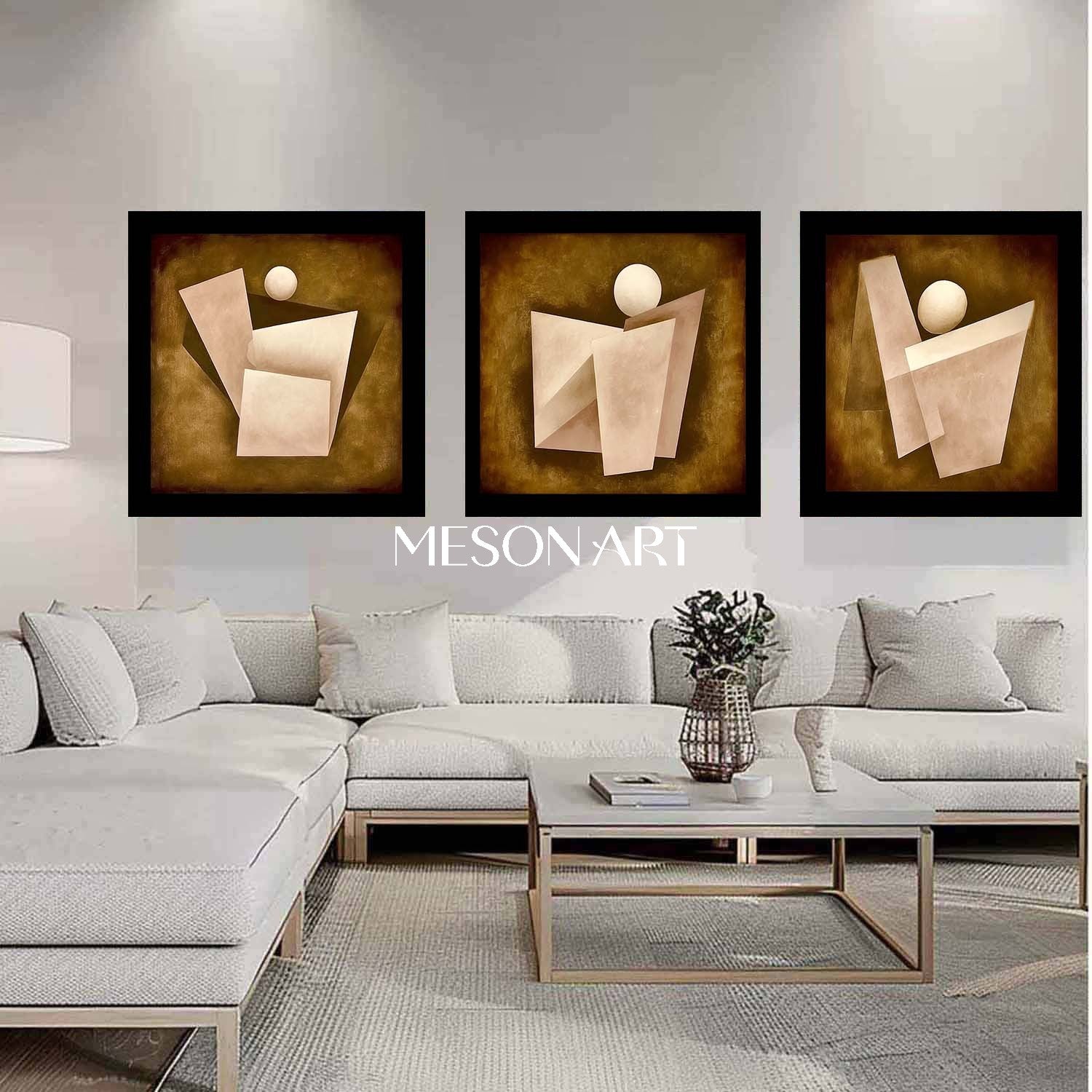 Brown Abstract Geometric Triptych Oil Painting Canvas Living Room Buy