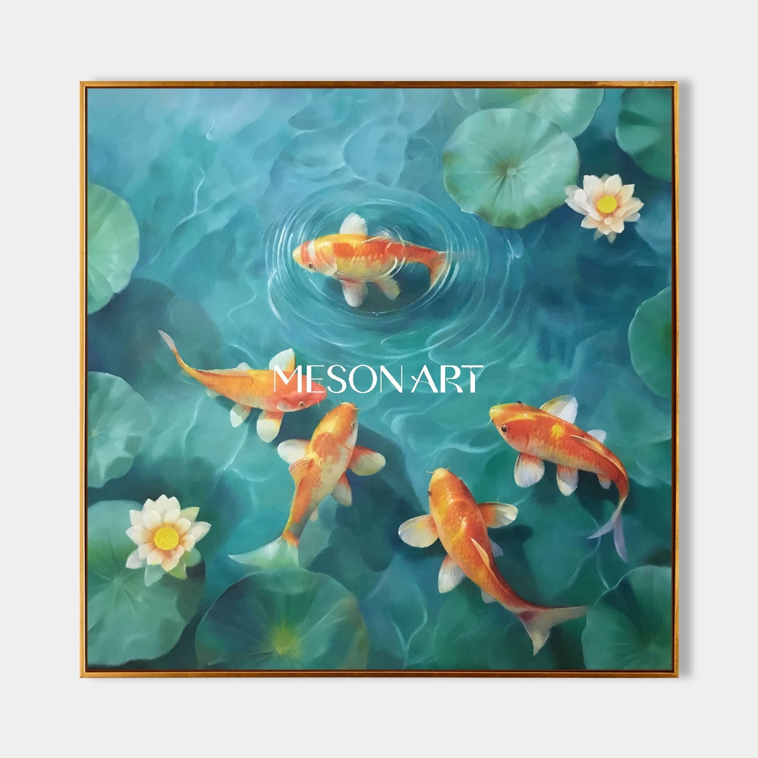 Lotus Pond Koi Fish Canvas Oil Painting Green Wall Art for Living Room