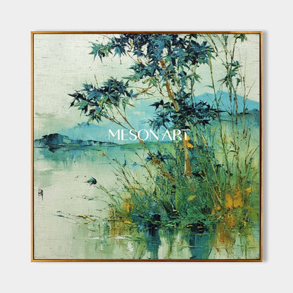 Textured Wabi-Sabi Landscape Canvas – Bamboo, Water & Distant Hills