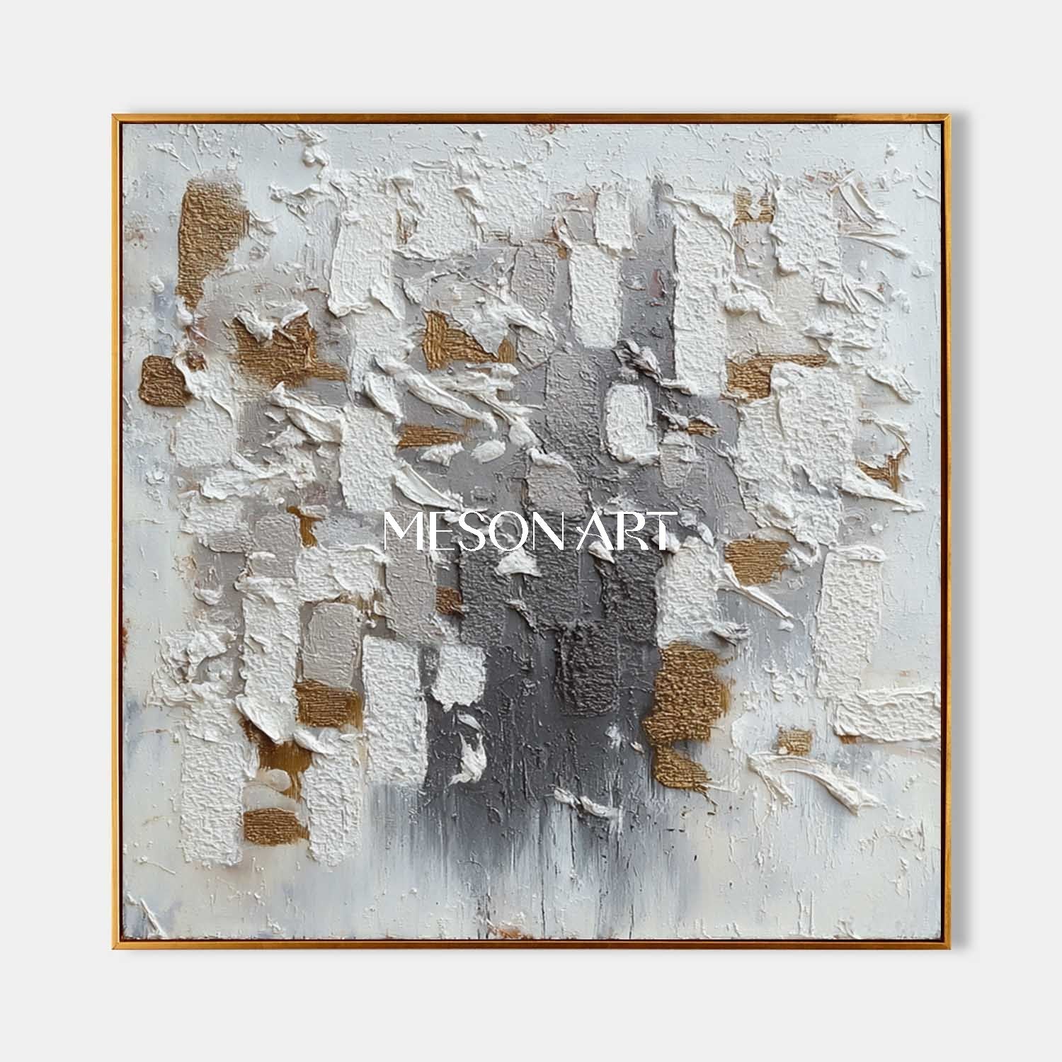 Geometric Abstract Wabi-Sabi Painting Textured White Grey Gold Canvas