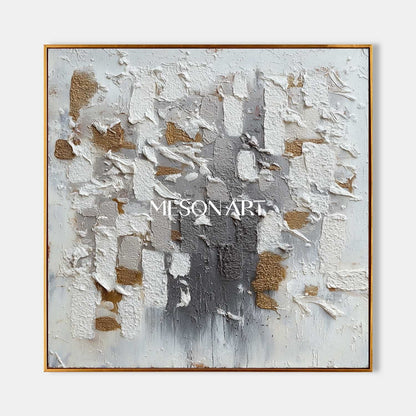 Geometric Abstract Wabi-Sabi Painting Textured White Grey Gold Canvas