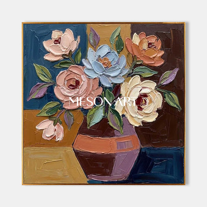 Abstract floral wall art decoration with colorful knife scraping colorful floral palette painting