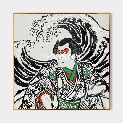 Textured Great Wave Kabuki Art - 3D Plaster Japanese Canvas Painting