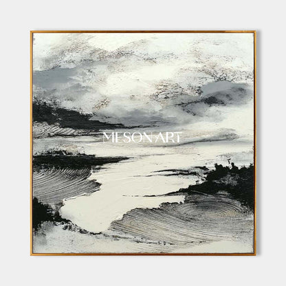 Square Minimalist Abstract Canvas Handmade White Black Wall Art Decor