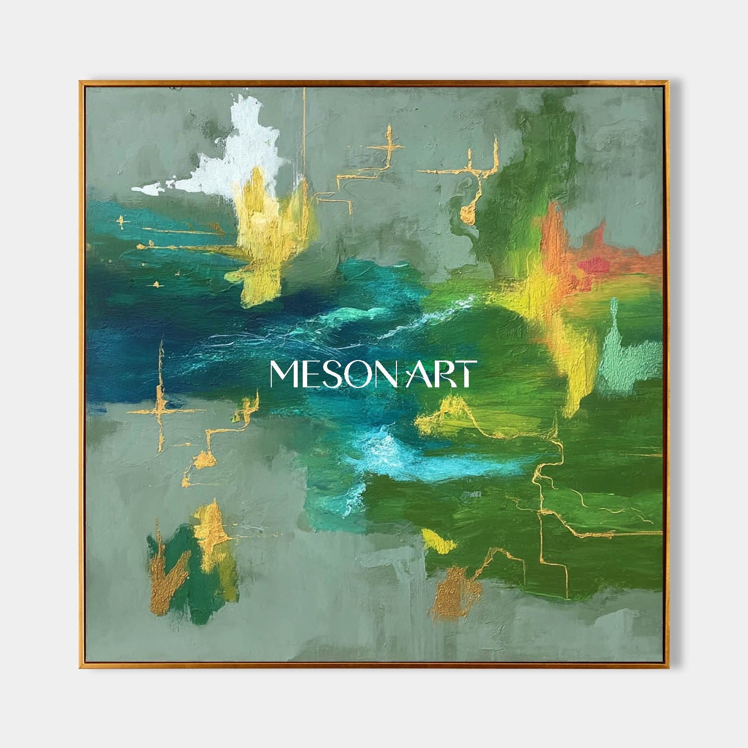 Green Abstract Large Painting Handmade Colorful Wall Art Bathroom