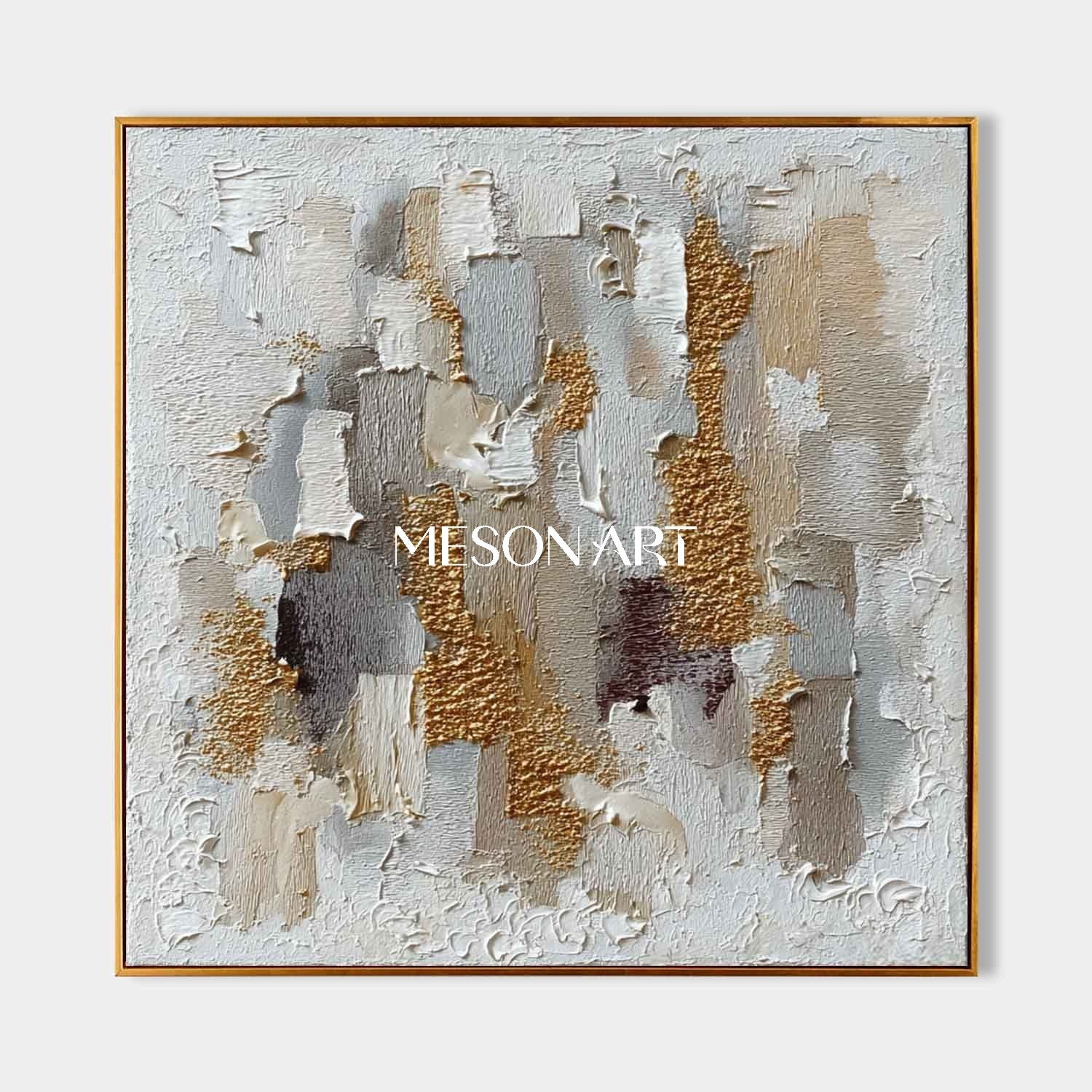 Geometric Abstract Wabi-Sabi Painting Textured White Grey Gold Canvas