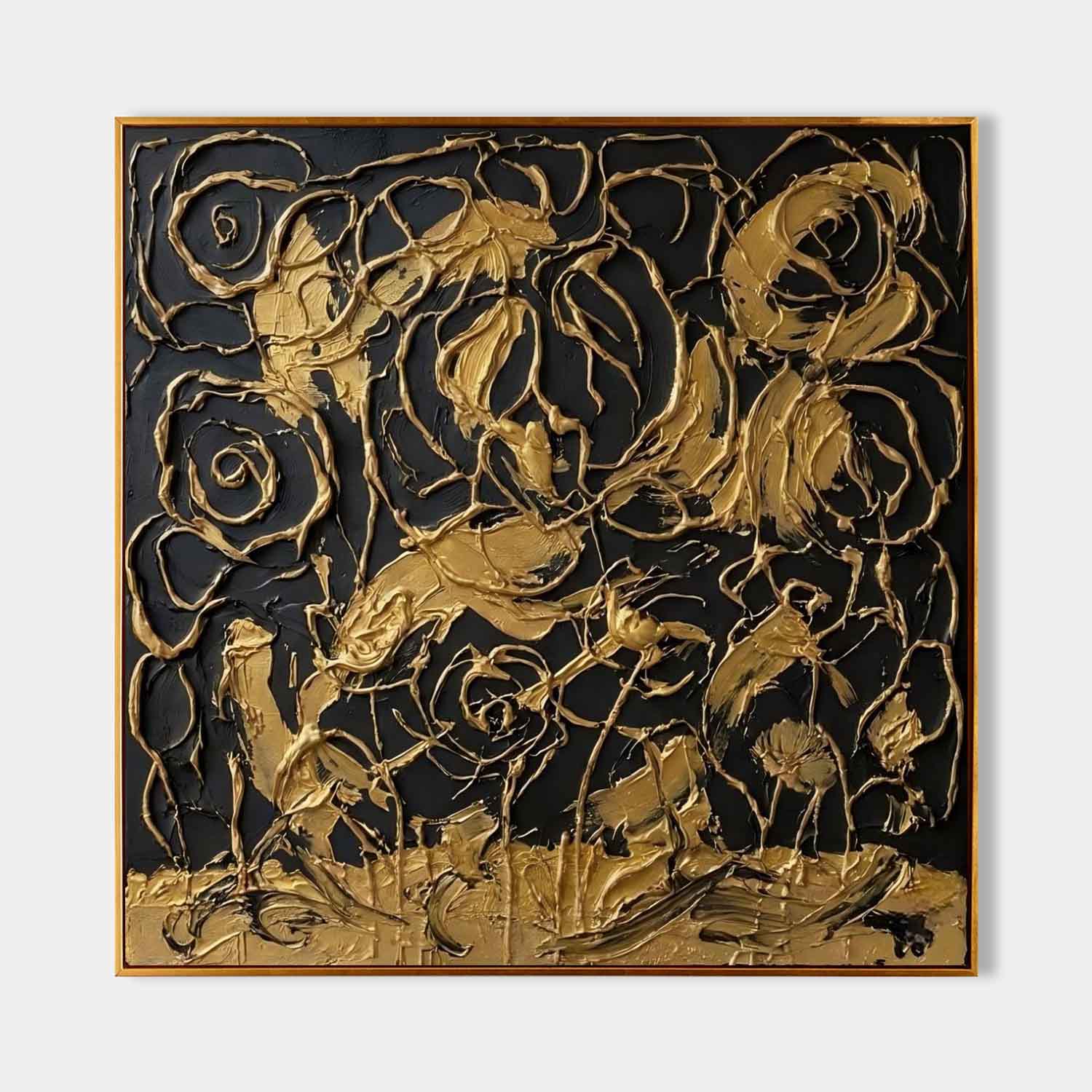 Black And Gold Abstract Line Art Rose | 3D Wire Texture Decor