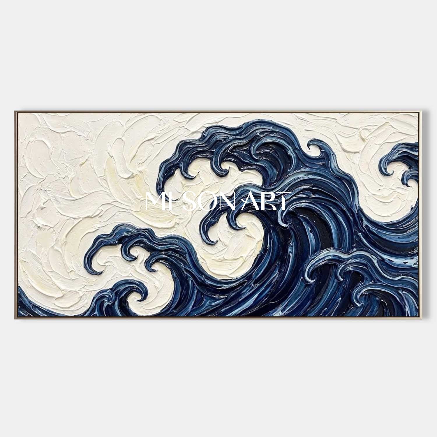 Large 3D Textured Great Wave Oil Painting On Canvas | Abstract Blue Ocean Impasto Wall Art | Handmade Hokusai Style Plaster Coastal Decor For Living Room | MesonArt
