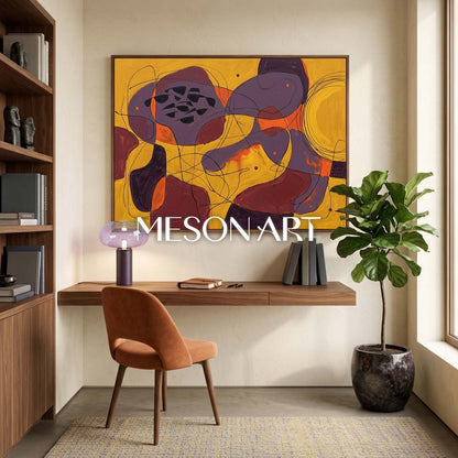 Contemporary Abstract Painting With Purple And Yellow For Modern Living Room Decor