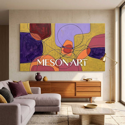 Contemporary Abstract Painting With Purple And Yellow For Modern Living Room Decor