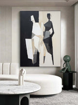 Black and Beige Minimalist Wall Art Black and Beige Textured Wall Art Abstract Painting of 2 Figures Contemporary Abstract Art for Sale