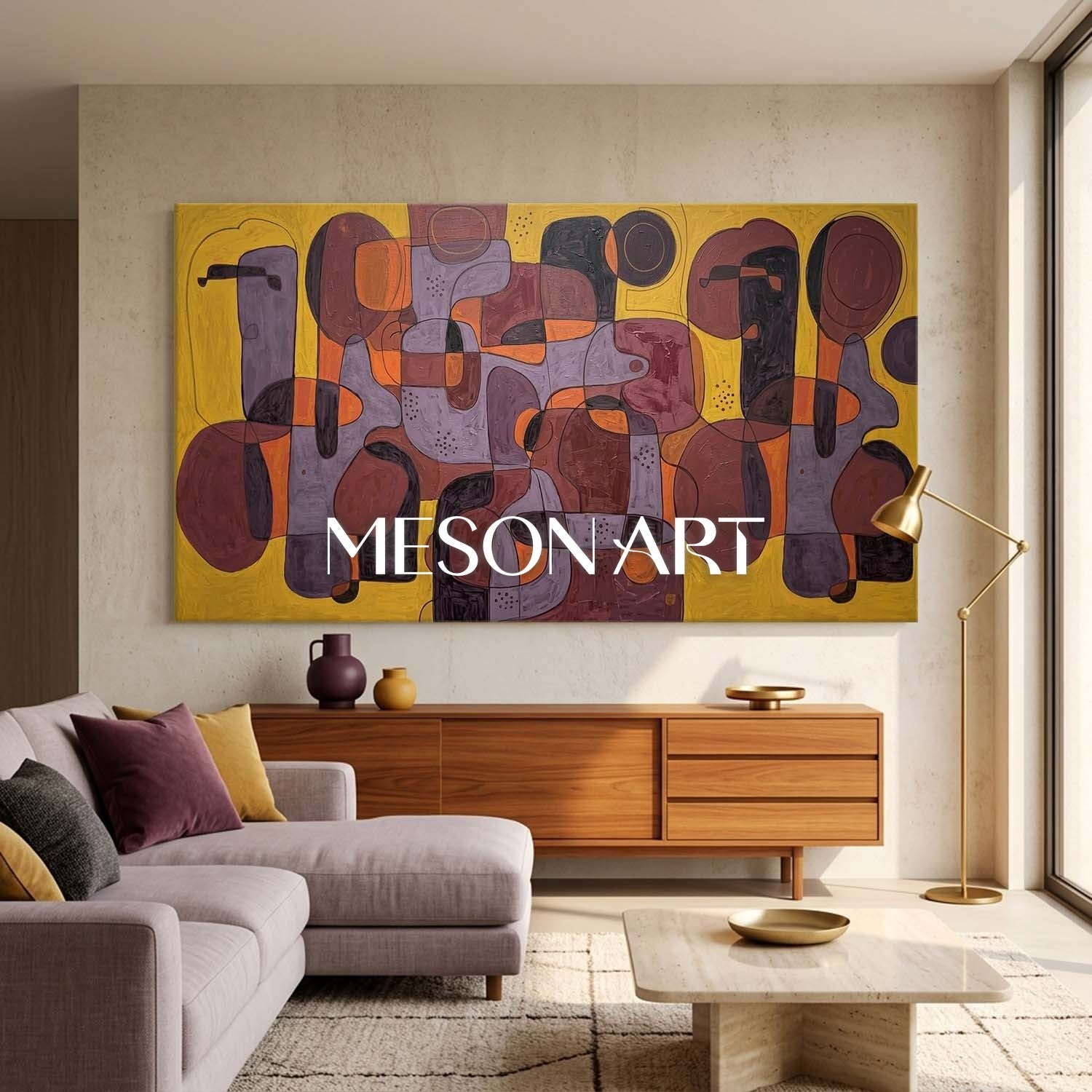 Contemporary Abstract Art Painting With Amber And Burgundy Tones For Modern Living Room Decor
