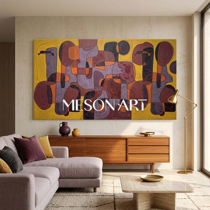 Contemporary Abstract Art Painting With Amber And Burgundy Tones For Modern Living Room Decor