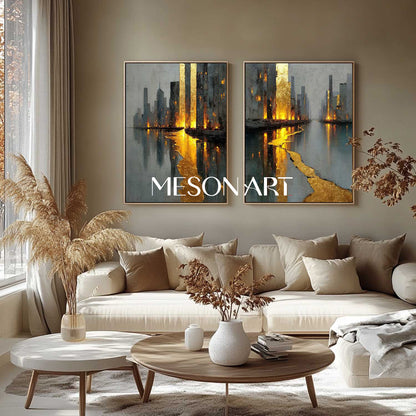 Modern Gold Abstract Wall Art Set of 2 Grey City Skyline Textured Canvas Paintings