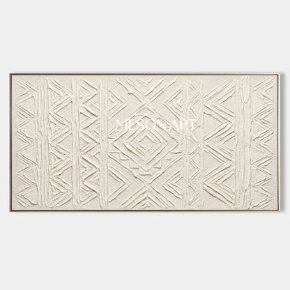 Panoramic White Tribal Geometric Art | 3D Boho Mudcloth Texture