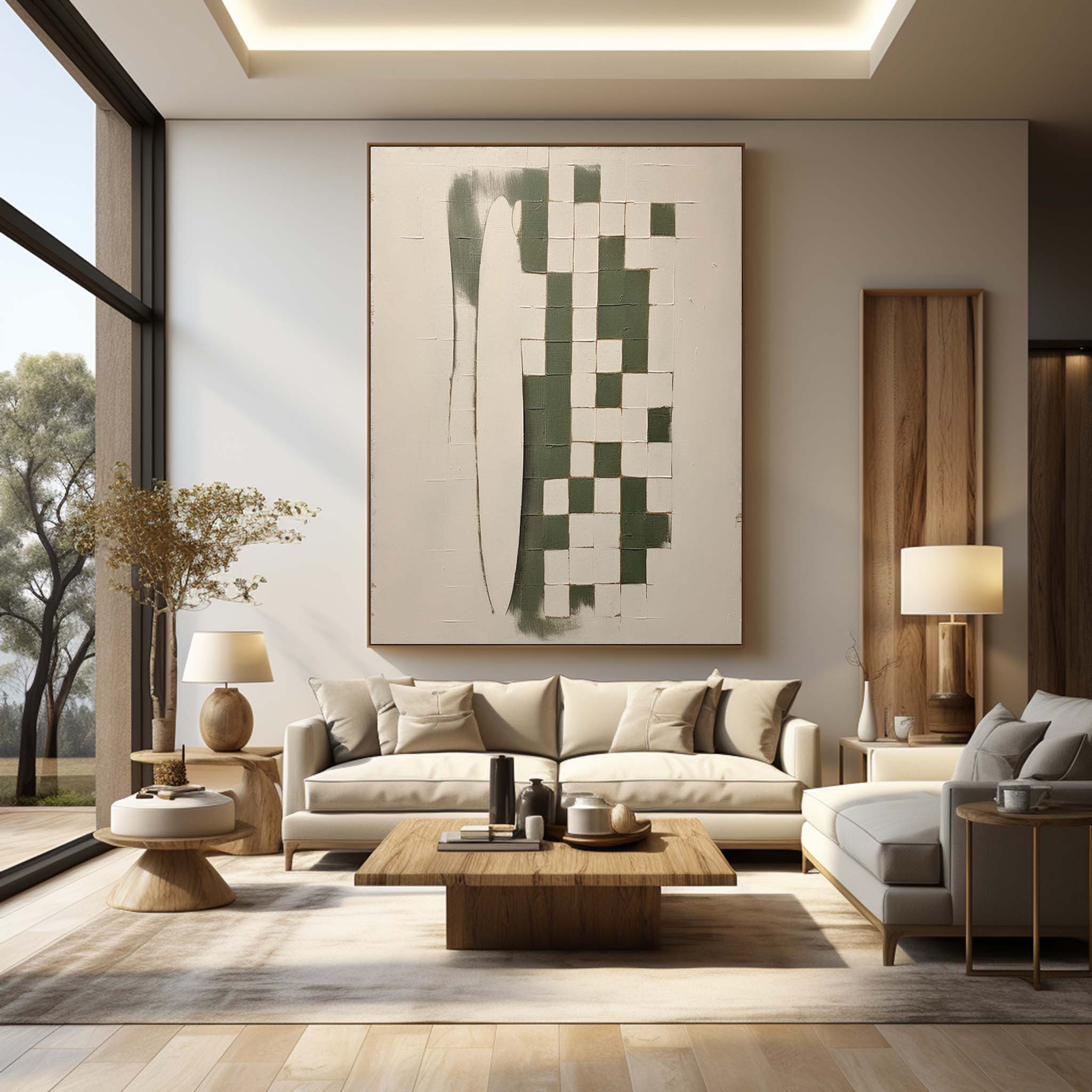 Large Beige And Green Minimalist Canvas Wall Art Wabi-Sabi Art Beige And Green Textured Painting