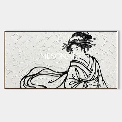 Panoramic 3D Textured Geisha Canvas | Black And White Japandi Wall Decor