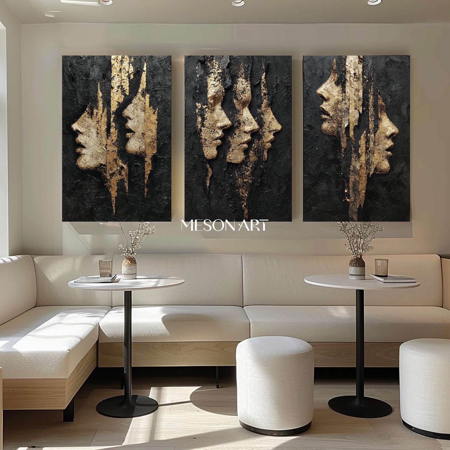 3-piece set Lady portrait wall decor ideas Black and gold abstract art Portrait texture painting
