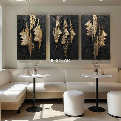 3-piece set Lady portrait wall decor ideas Black and gold abstract art Portrait texture painting