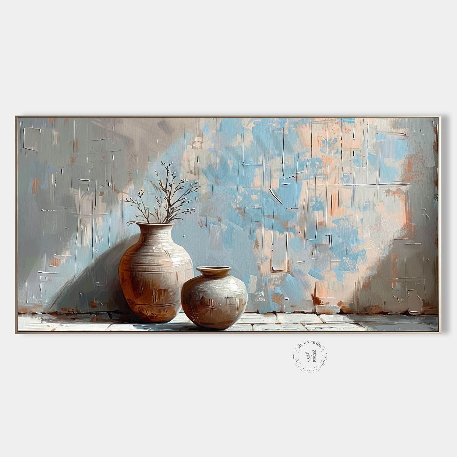 Large Clay Jar Vase Canvas Art for Sale Clay Jar Vase Artwork Blue and Green Clay Jar Still Life Painting