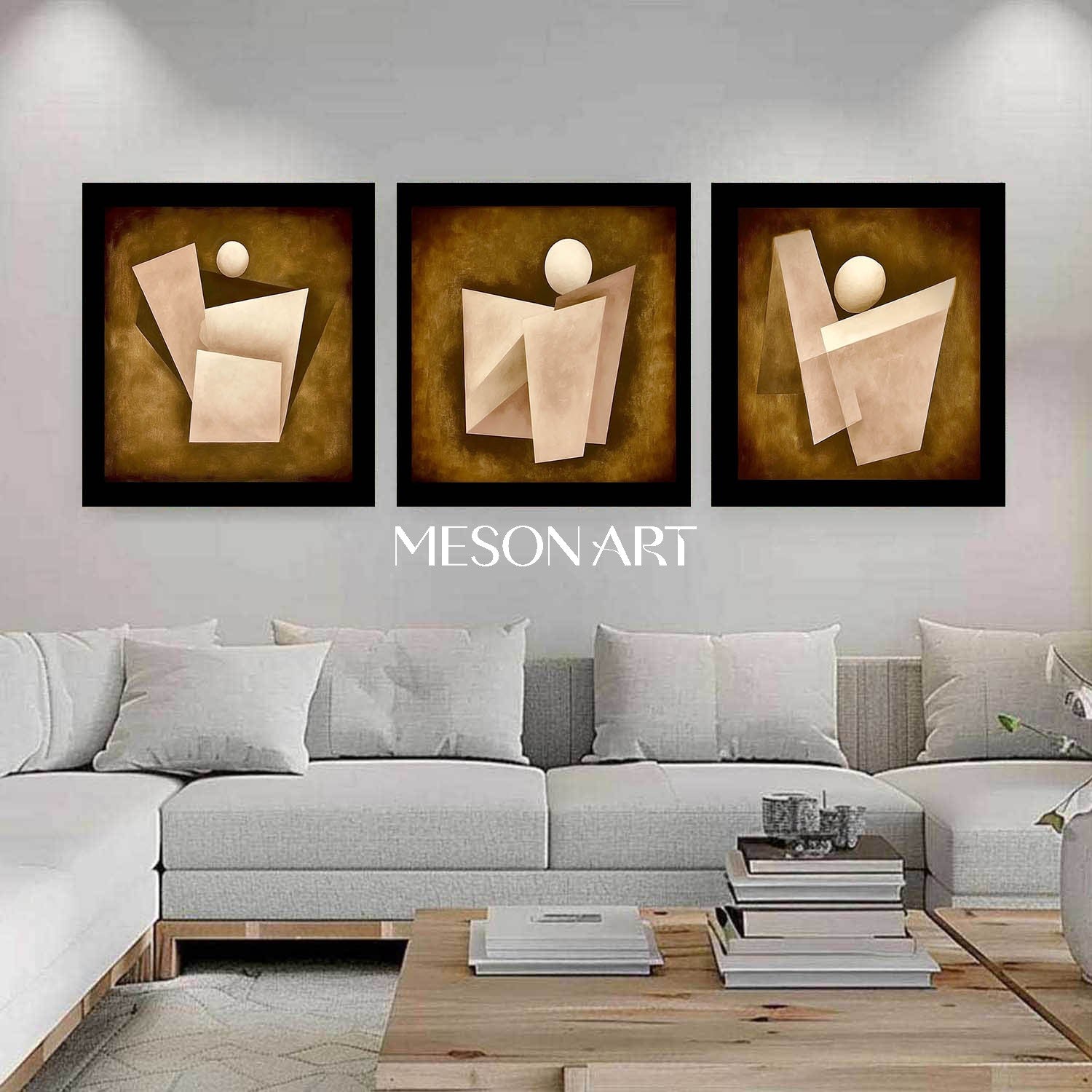 Brown Abstract Geometric Triptych Oil Painting Canvas Living Room Buy