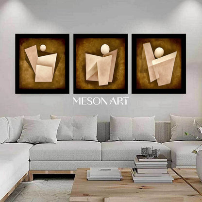 Brown Abstract Geometric Triptych Oil Painting Canvas Living Room Buy