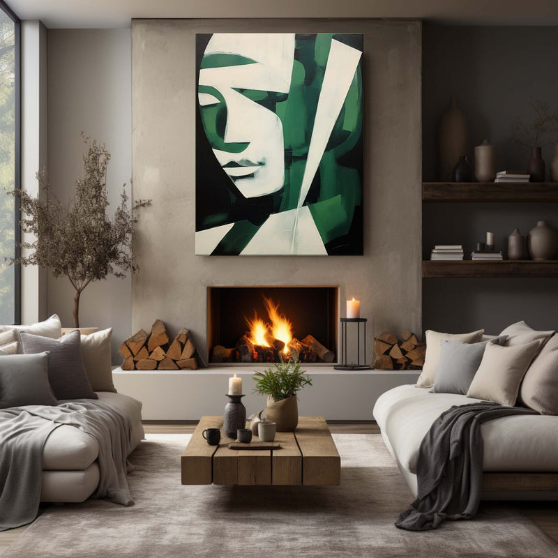 Green And White Abstract Woman Face Oil Painting Abstract Face Art On Canvas Minimalist Wall Art