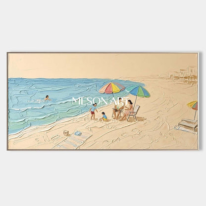 Family Beach Scene Wall Art Morandi Seascape Painting Large Vertical Canvas Art