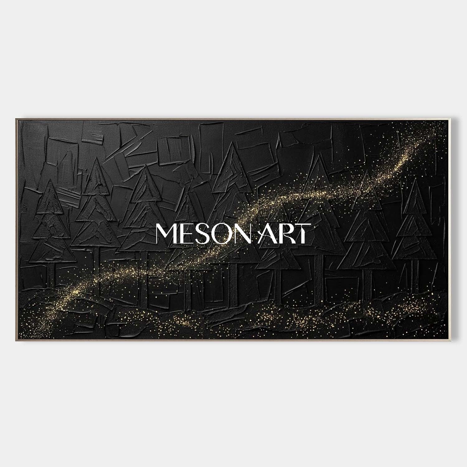 Large Abstract Forest Black Gold Canvas 3D Textured Geometric Pine Tree Art