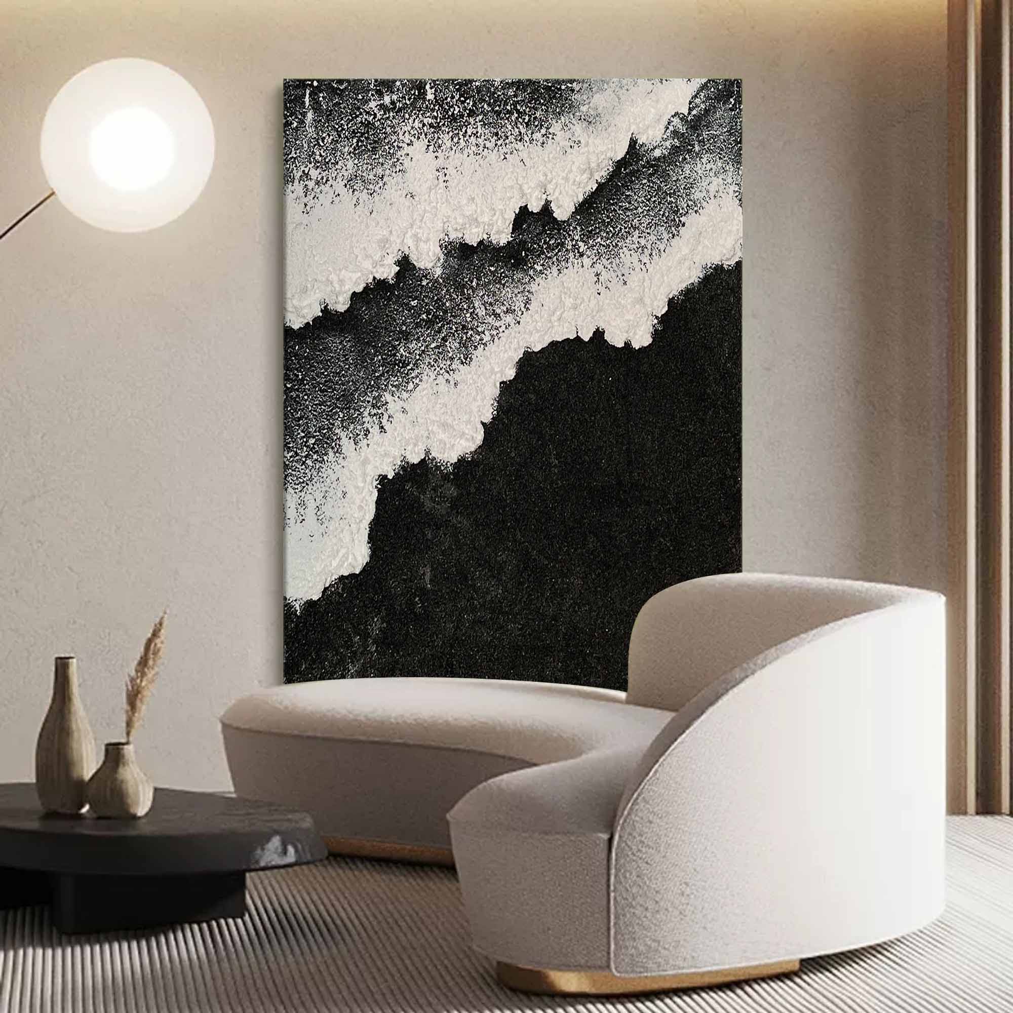 Black and White Sea Waves Beach Canvas Painting Black Beach Canvas Art Black Beach Wall Art