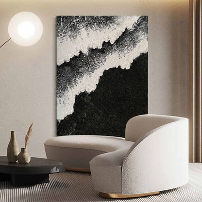Black and White Sea Waves Beach Canvas Painting Black Beach Canvas Art Black Beach Wall Art