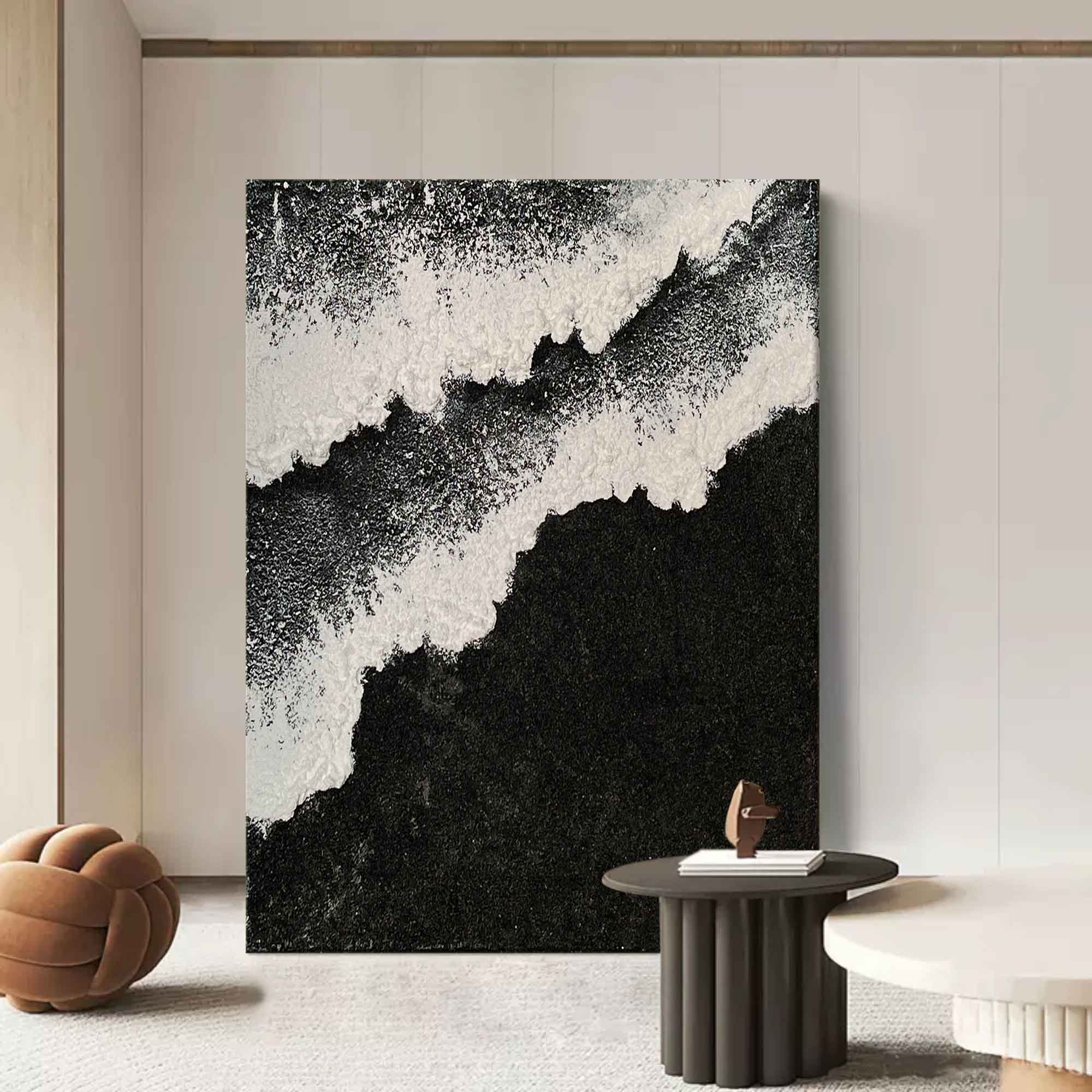 Black and White Sea Waves Beach Canvas Painting Black Beach Canvas Art Black Beach Wall Art